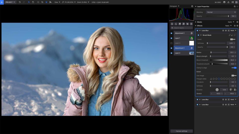 Lens Blur effect in Imerge Pro 2021 interface